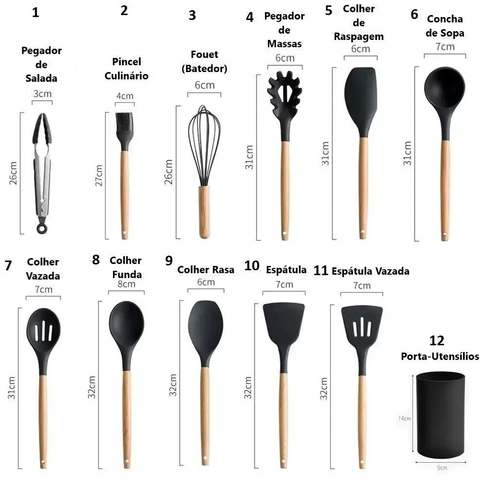 Jogo de Cozinha Kit C/12 Peças de Silicone, Utensílios e Copo Suporte para Coz Cozuti