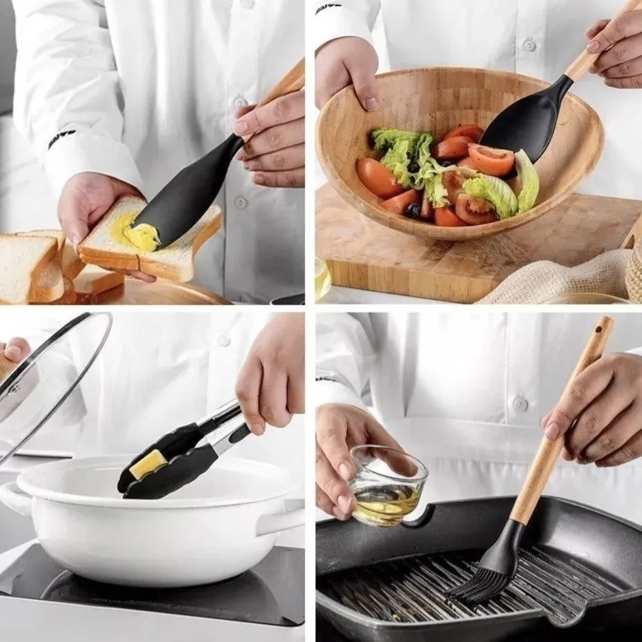Jogo de Cozinha Kit C/12 Peças de Silicone, Utensílios e Copo Suporte para Coz Cozuti