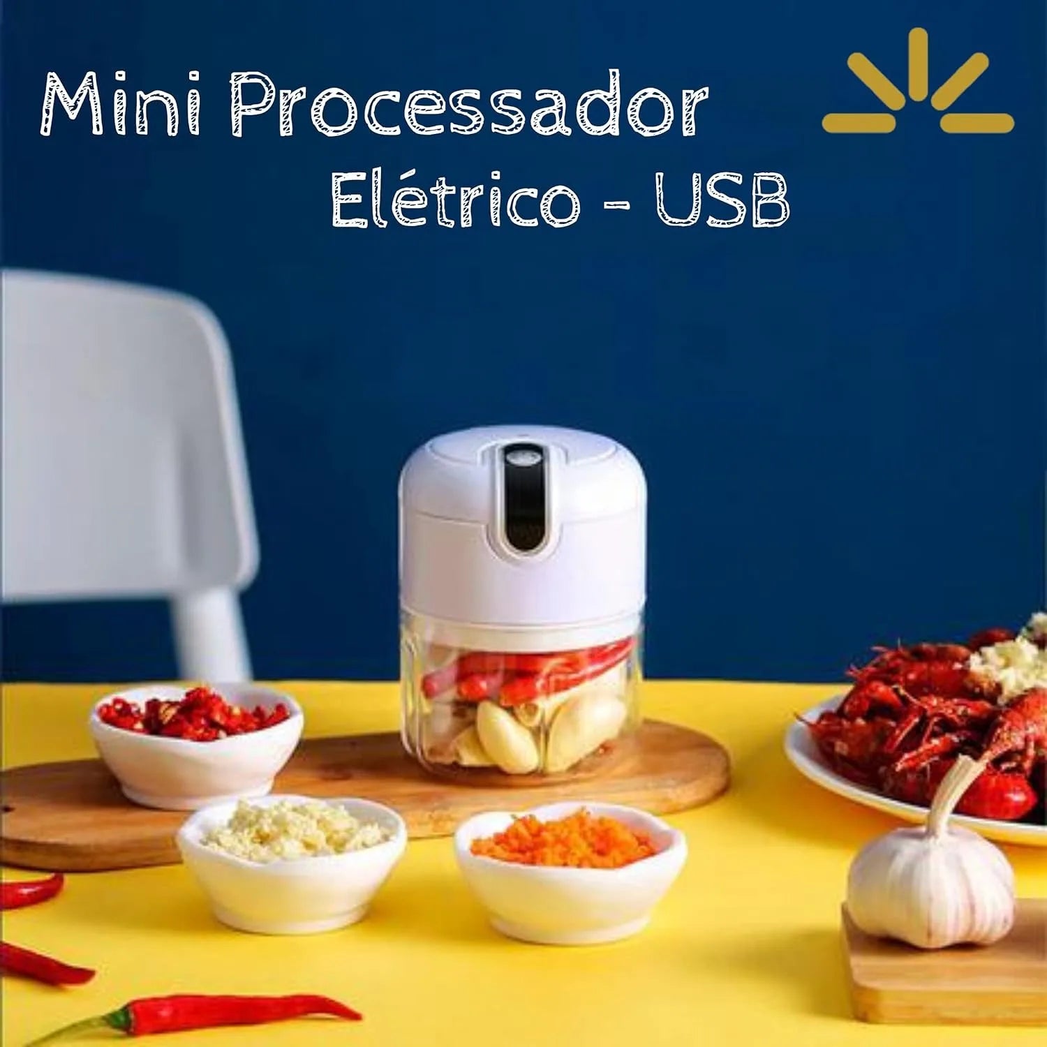 Mini Processador Triturador Elétrico 3 Lâminas Moedor Alho Cebola Carne Vegeta Cozuti