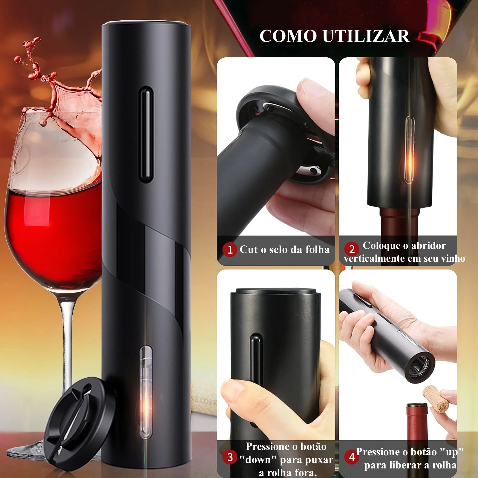 Abridor de Garrafas Elétrico Recarregável para Vinho Tinto, Saca-rolhas, Acess Cozuti