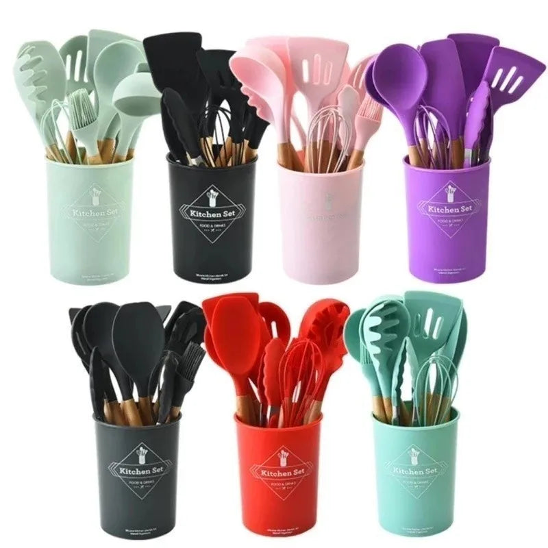 Jogo de Cozinha Kit C/12 Peças de Silicone, Utensílios e Copo Suporte para Coz Cozuti