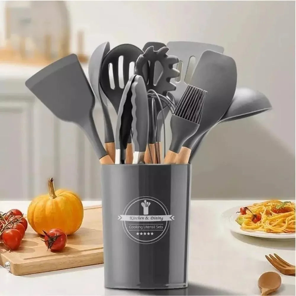 Jogo de Cozinha Kit C/12 Peças de Silicone, Utensílios e Copo Suporte para Coz Cozuti